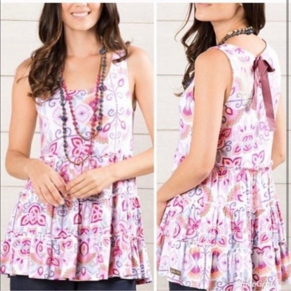Matilda Jane Tiered Tunic Top Size M Pink Floral Adventure Begins Breathe Deeply